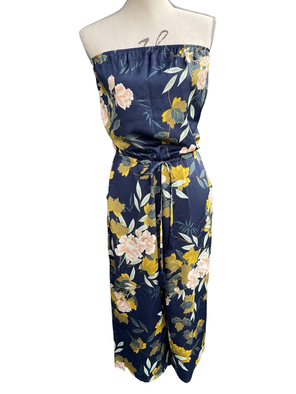 Aakaa Navy Floral Botanical Strapless Cinch Waist Drawstring Jumpsuit Romper (S)